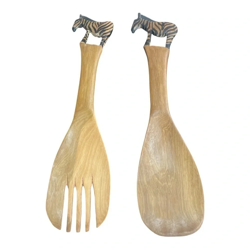 Wood Carved Painted Zebra Salad Servers from Kenya